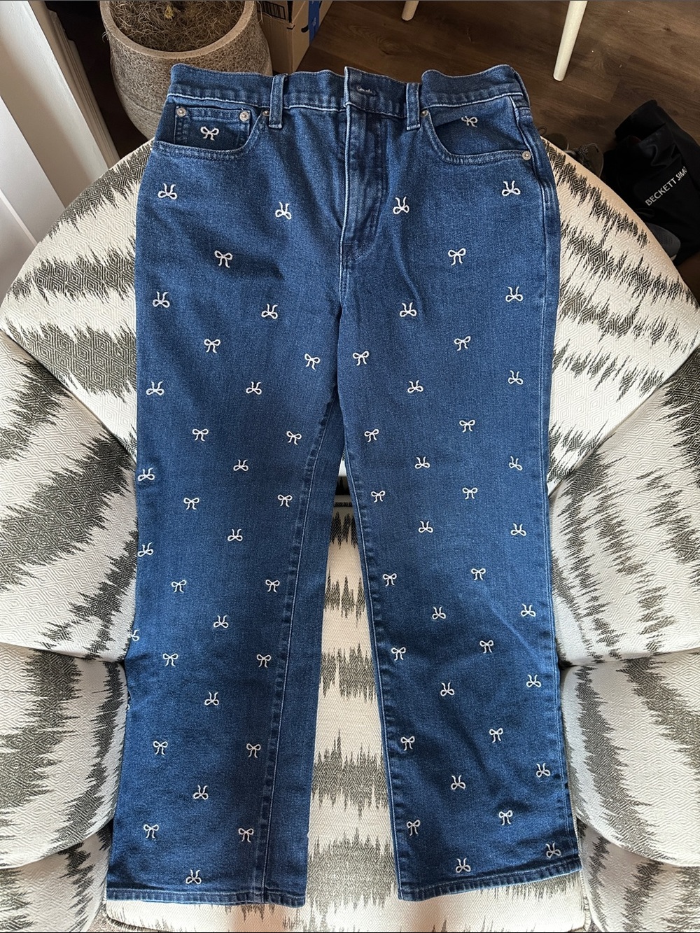 J. Crew Full length slim Wide-Leg Jeans with White Embroidered Bows